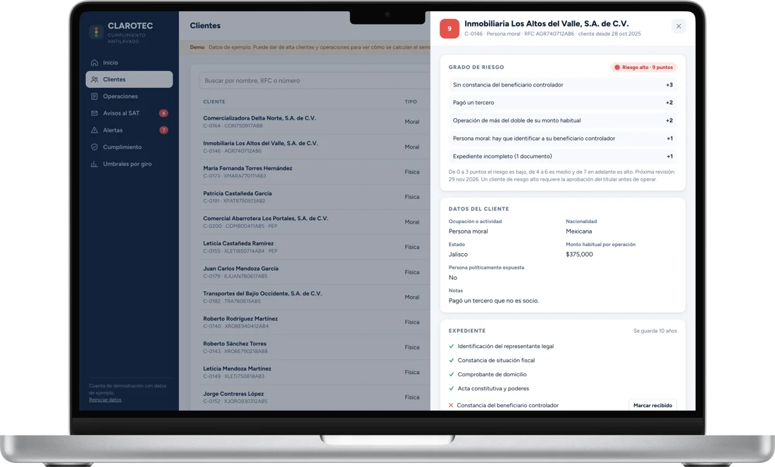 Ficha de un cliente con su grado de riesgo